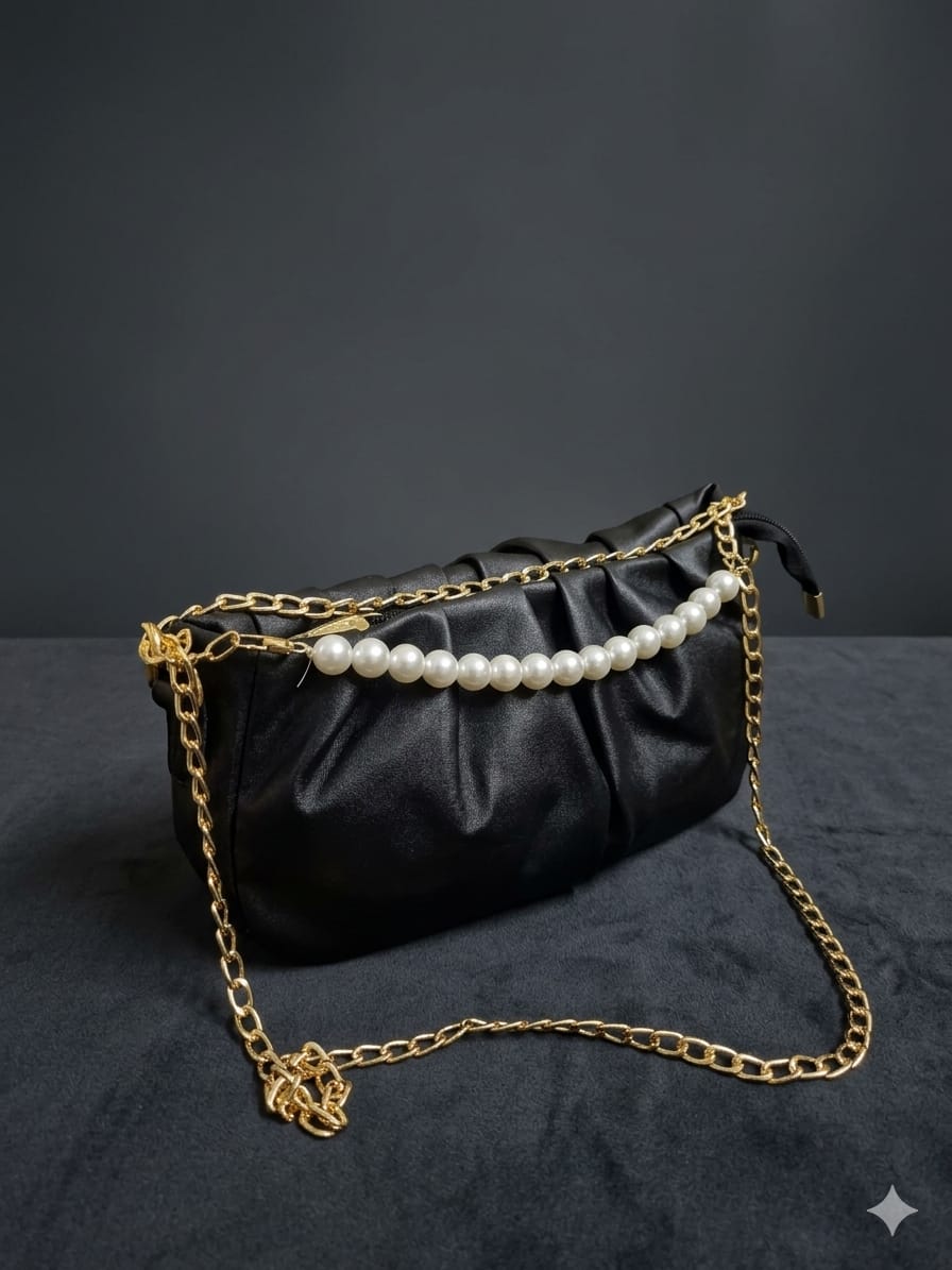 Pearl Chain Pleated Crossbody Shoulder Bag for Women | Elegant PU Leather Handbag