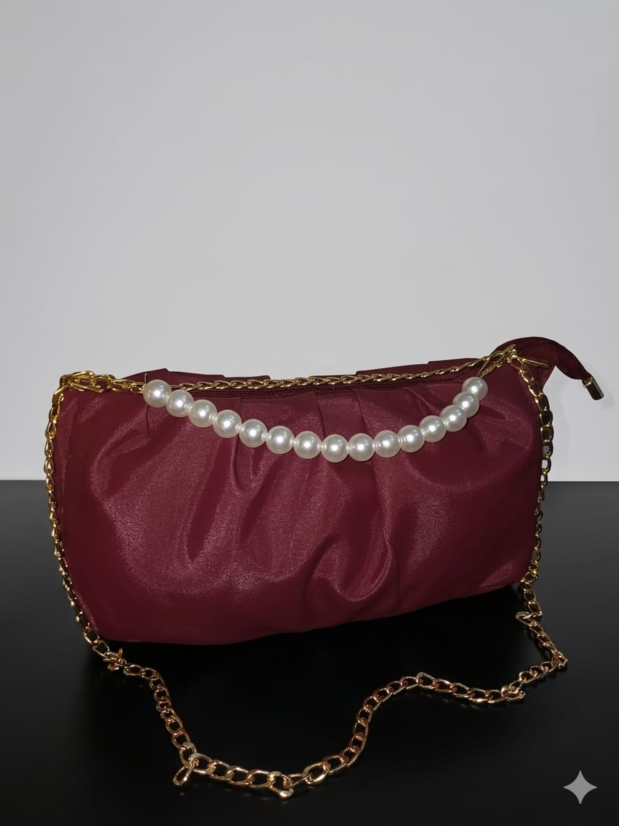 Pearl Chain Pleated Crossbody Shoulder Bag for Women | Elegant PU Leather Handbag