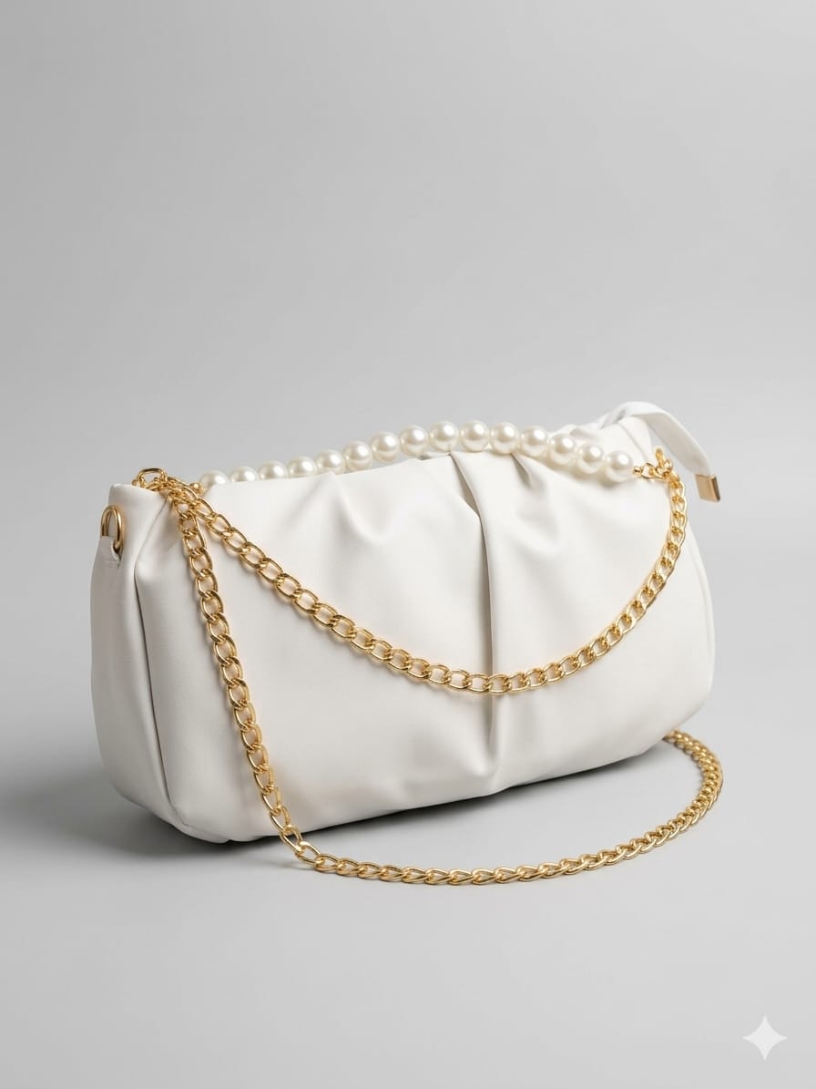 Pearl Chain Pleated Crossbody Shoulder Bag for Women | Elegant PU Leather Handbag
