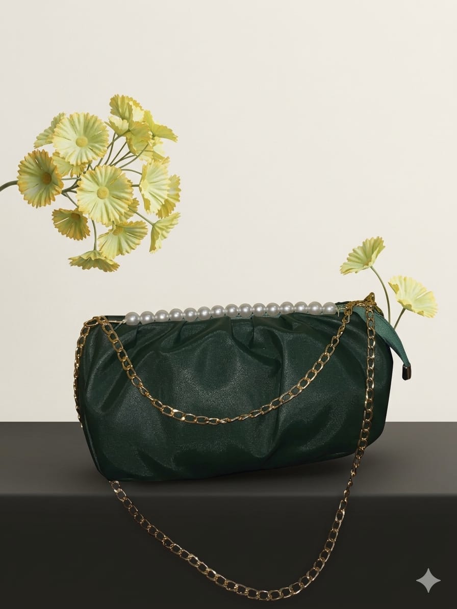 Pearl Chain Pleated Crossbody Shoulder Bag for Women | Elegant PU Leather Handbag